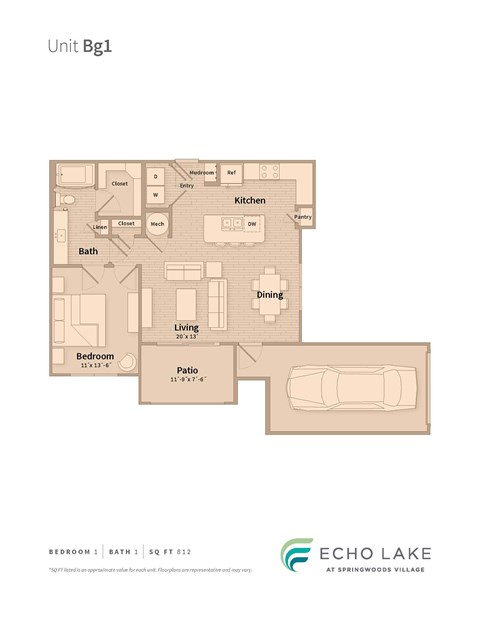 Floor plan for 1 bed, 1 bath, 812 sqft