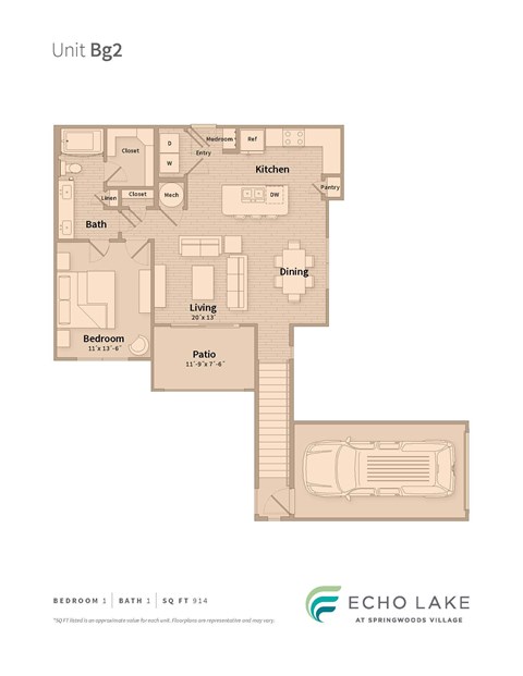 Floor plan for 1 bed, 1 bath, 914 sqft