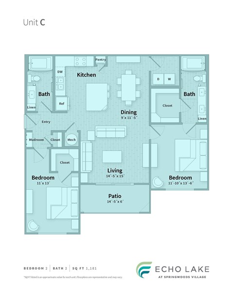 Floor plan for 2 beds, 2 baths, 1181 sqft