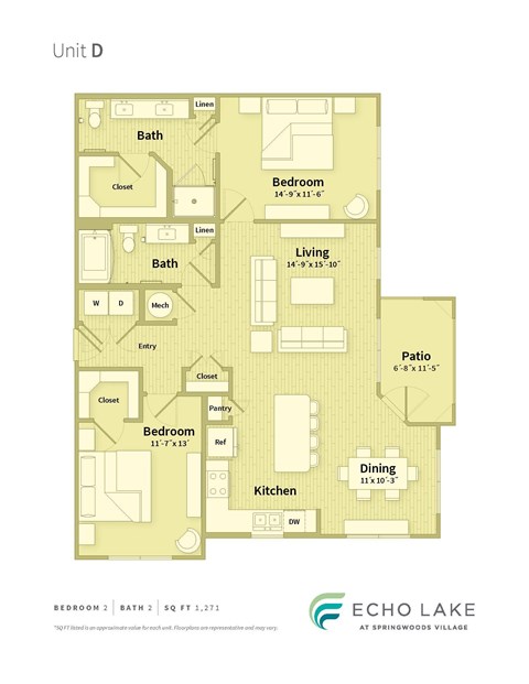 Floor plan for 2 beds, 2 baths, 1271 sqft