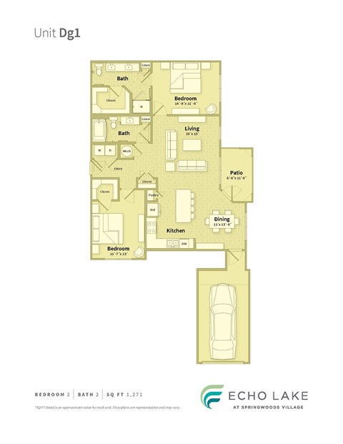Floor plan for 2 beds, 2 baths, 1271 sqft