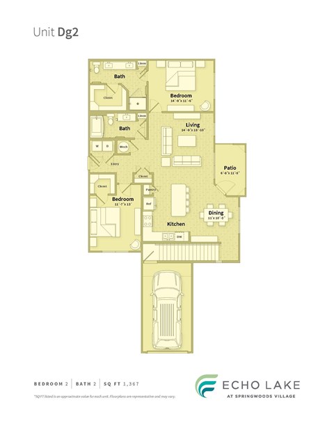 Floor plan for 2 beds, 2 baths, 1367 sqft