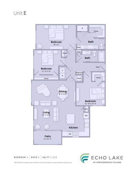 Floor plan for 3 beds, 2 baths, 1518 sqft