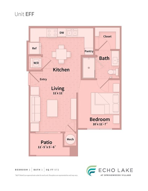 Floor plan for 1 bed, 1 bath, 572 sqft