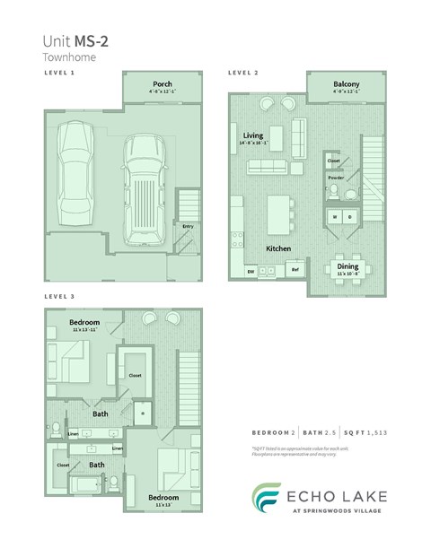 Floor plan for 2 beds, 2.5 baths, 1513 sqft