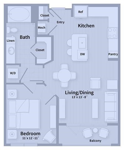 Floor plan for 1 bed, 1 bath, 710 sqft