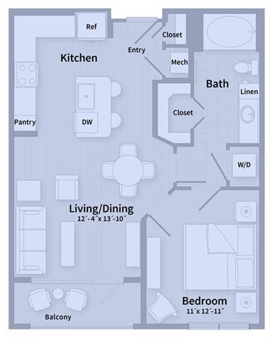 Floor plan for 1 bed, 1 bath, 693 sqft