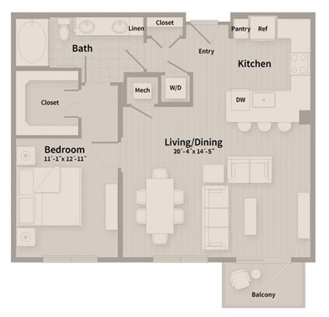 Floor plan for 1 bed, 1 bath, 871 sqft