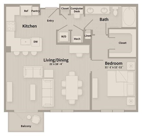 Floor plan for 1 bed, 1 bath, 889 sqft