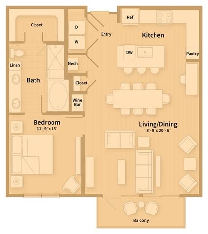 Floor plan for 1 bed, 1 bath, 974 sqft