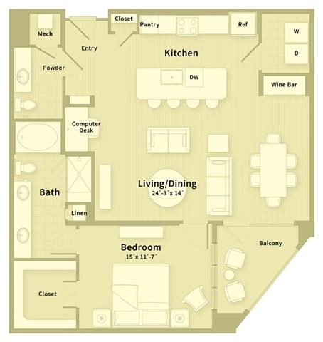 Floor plan for 1 bed, 1.5 baths, 1094 sqft