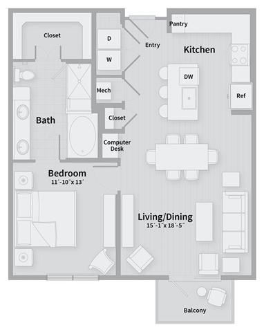 Floor plan for 1 bed, 1 bath, 859 sqft