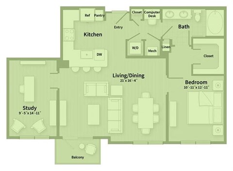 Floor plan for 1 bed, 1 bath, 1027 sqft