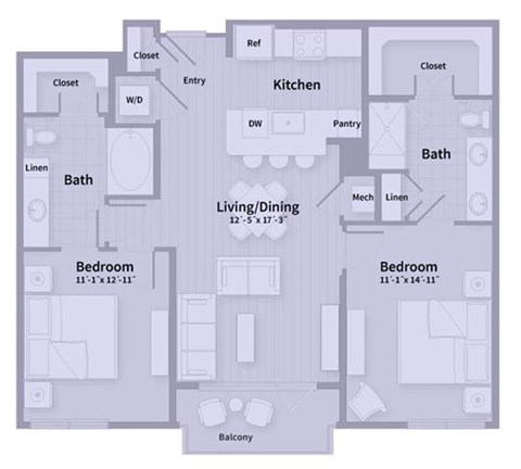 Floor plan for 2 beds, 2 baths, 1058 sqft