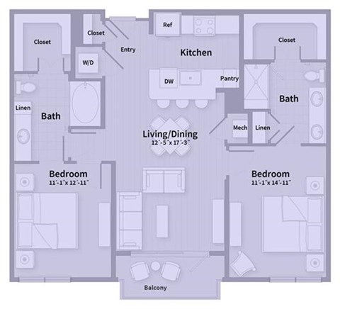 Floor plan for 2 beds, 2 baths, 1077 sqft