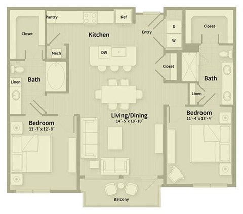 Floor plan for 2 beds, 2 baths, 1197 sqft