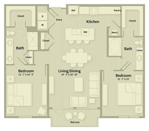 Floor plan for 2 beds, 2 baths, 1210 sqft