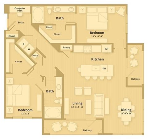 Floor plan for 2 beds, 2 baths, 1417 sqft