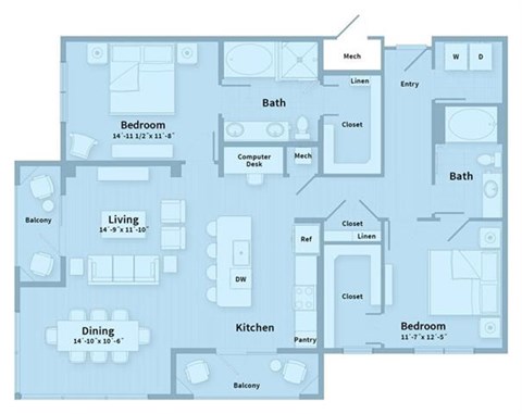 Floor plan for 2 beds, 2 baths, 1433 sqft