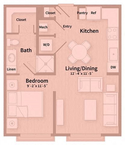 Floor plan for studio, 1 bath, 572 sqft