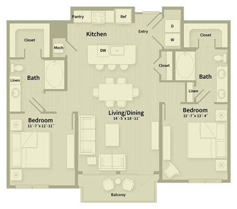 Floor plan for 2 beds, 2 baths, 1151 sqft