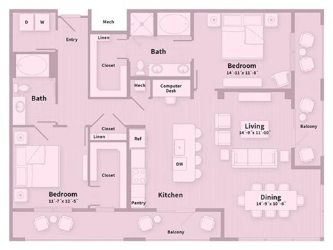 Floor plan for 2 beds, 2 baths, 1452 sqft