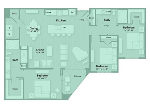 Floor plan for 3 beds, 2 baths, 1599 sqft