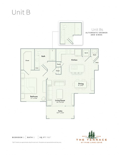 Floor plan for 1 bed, 1 bath, 783 sqft