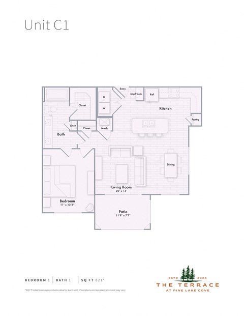 Floor plan for 1 bed, 1 bath, 821 sqft