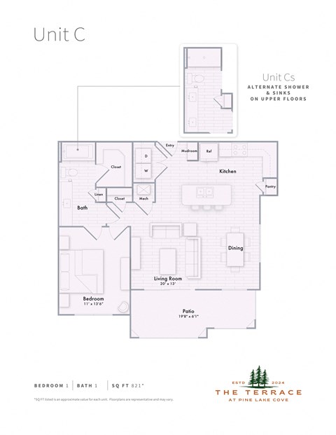 Floor plan for 1 bed, 1 bath, 821 sqft