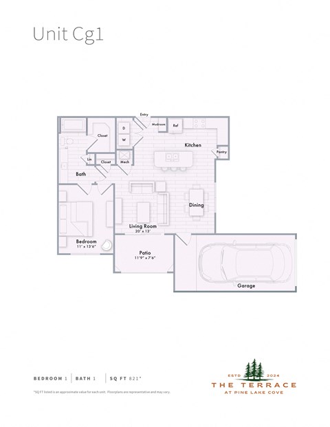 Floor plan for 1 bed, 1 bath, 821 sqft
