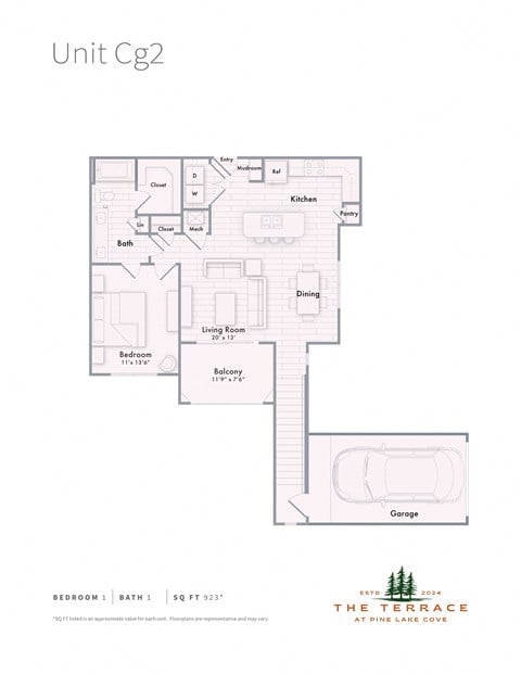 Floor plan for 1 bed, 1 bath, 923 sqft