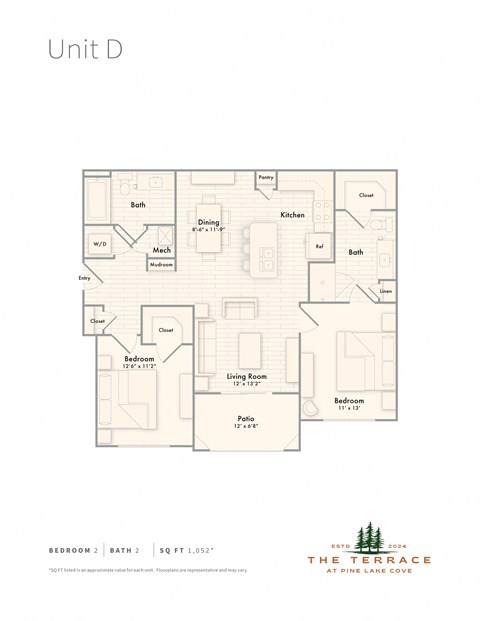 Floor plan for 2 beds, 2 baths, 1052 sqft