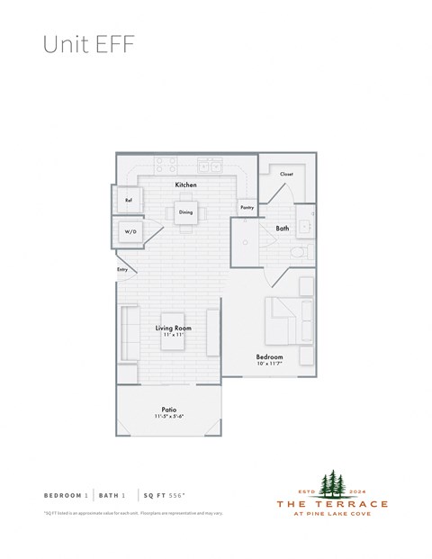 Floor plan for studio, 1 bath, 556 sqft