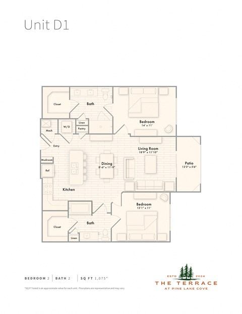 Floor plan for 2 beds, 2 baths, 1075 sqft