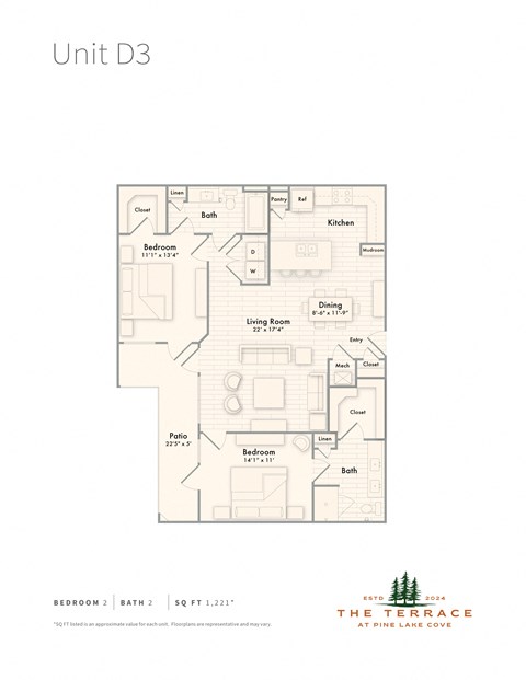 Floor plan for 2 beds, 2 baths, 1221 sqft