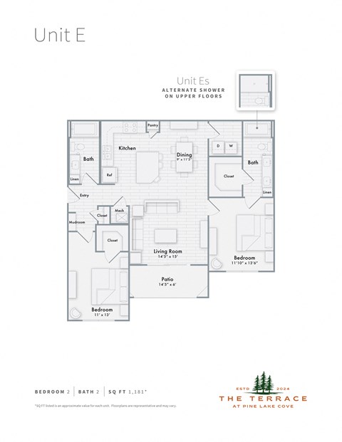 Floor plan for 2 beds, 2 baths, 1181 sqft