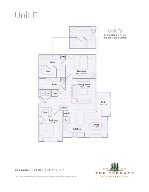 Floor plan for 2 beds, 2 baths, 1271 sqft