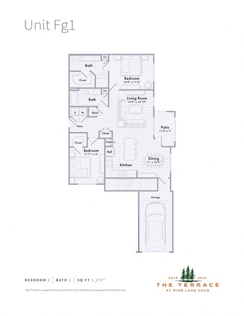 Floor plan for 2 beds, 2 baths, 1271 sqft