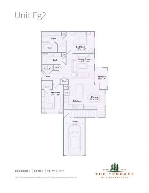 Floor plan for 2 beds, 2 baths, 1367 sqft