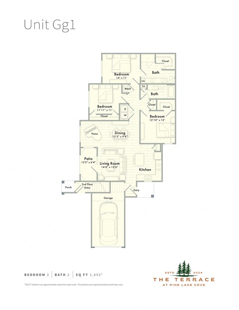 Floor plan for 3 beds, 2 baths, 1455 sqft
