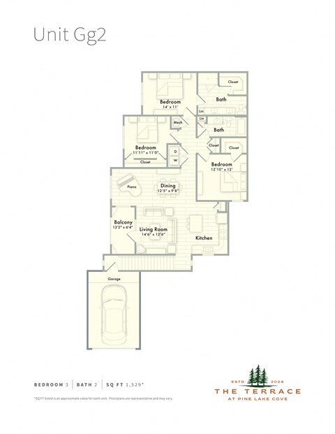 Floor plan for 3 beds, 2 baths, 1529 sqft