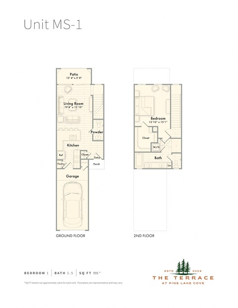 Floor plan for 1 bed, 1.5 baths, 995 sqft
