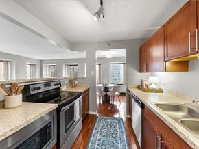 Chicago apartment for rent - A kitchen with a stove top oven and a dishwasher.