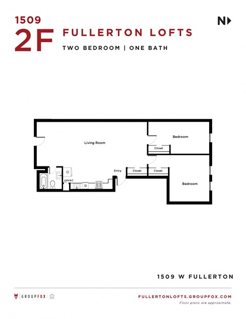 Floor plan for 2 beds, 1 bath, 1100 sqft