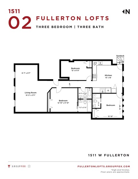Floor plan for 3 beds, 3 baths, 1360 sqft