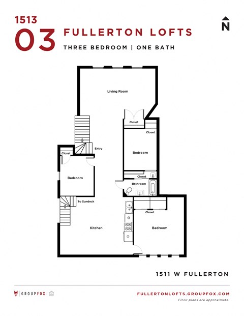 Floor plan for 3 beds, 1 bath, 1360 sqft