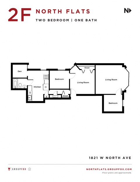 Floor plan for 2 beds, 1 bath, 1000 sqft