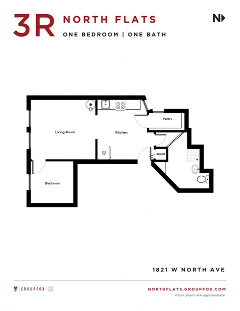 Floor plan for 1 bed, 1 bath, 1000 sqft