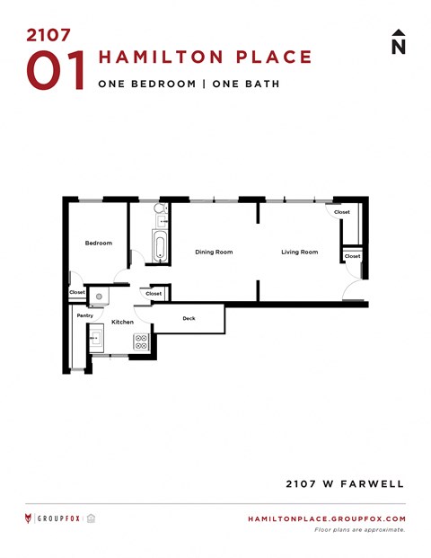 Floor plan for 1 bed, 1 bath, 850 sqft
